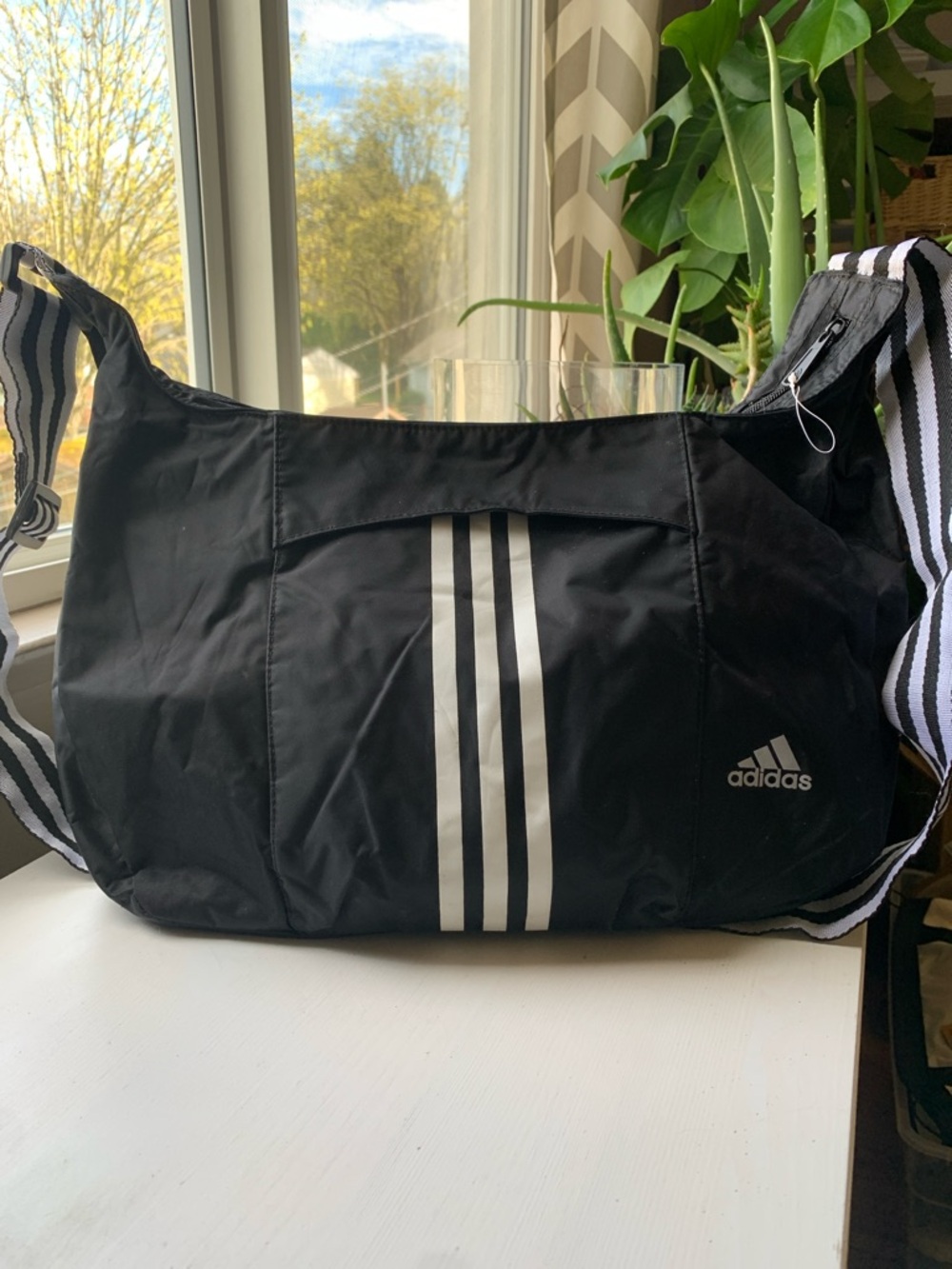 adidas Black Messenger Bag with White Stripe Accents